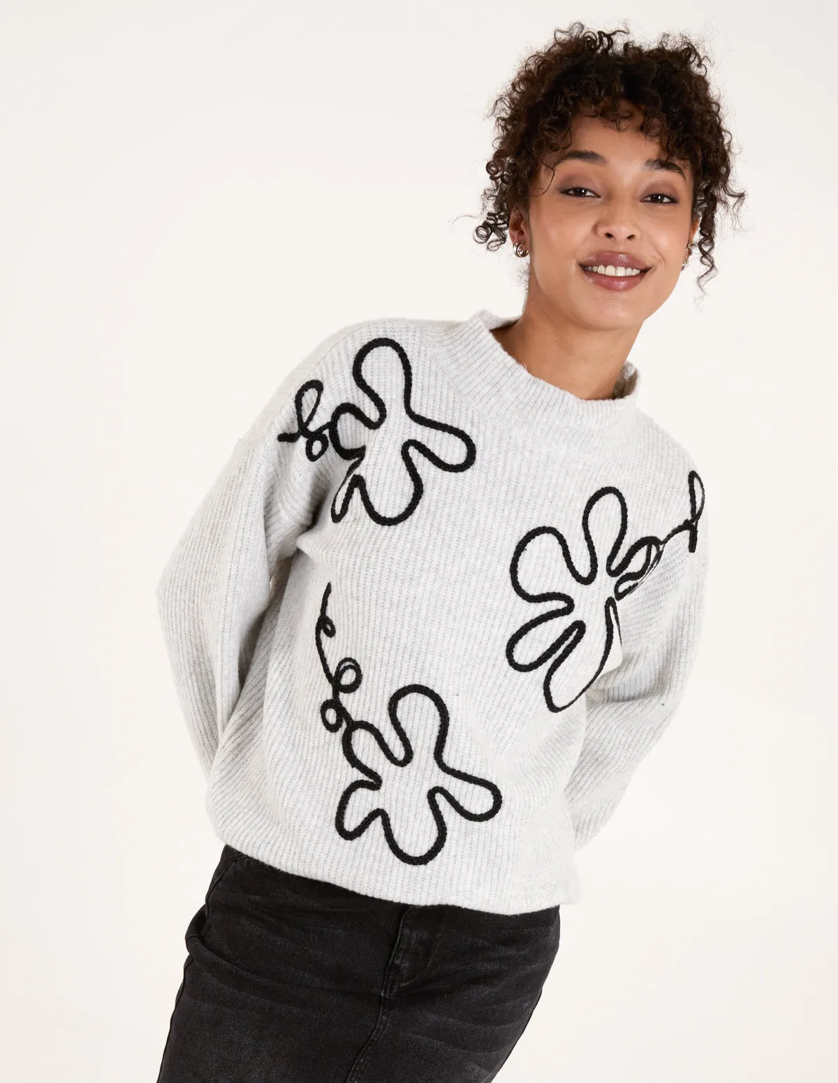 Abstract Flower Embroidery Jumper