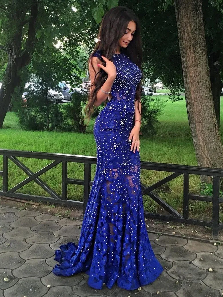 Glitter Royal Blue Formal Lace Open Back Prom Dress