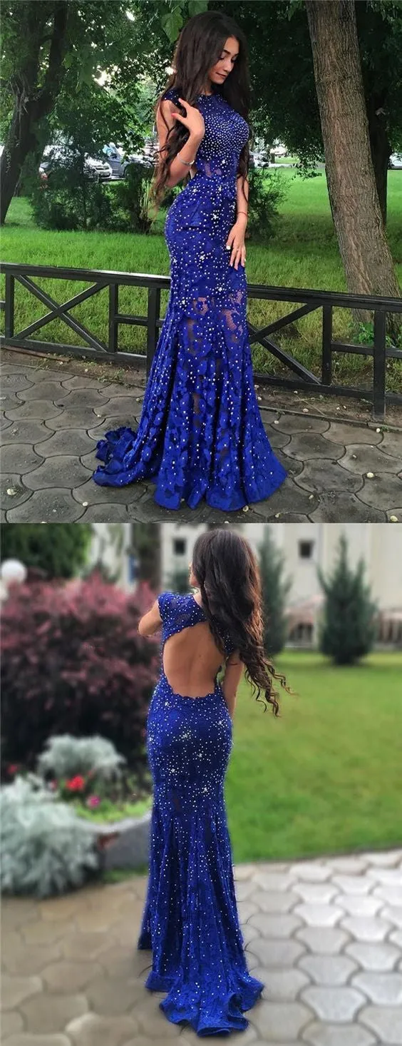 Glitter Royal Blue Formal Lace Open Back Prom Dress