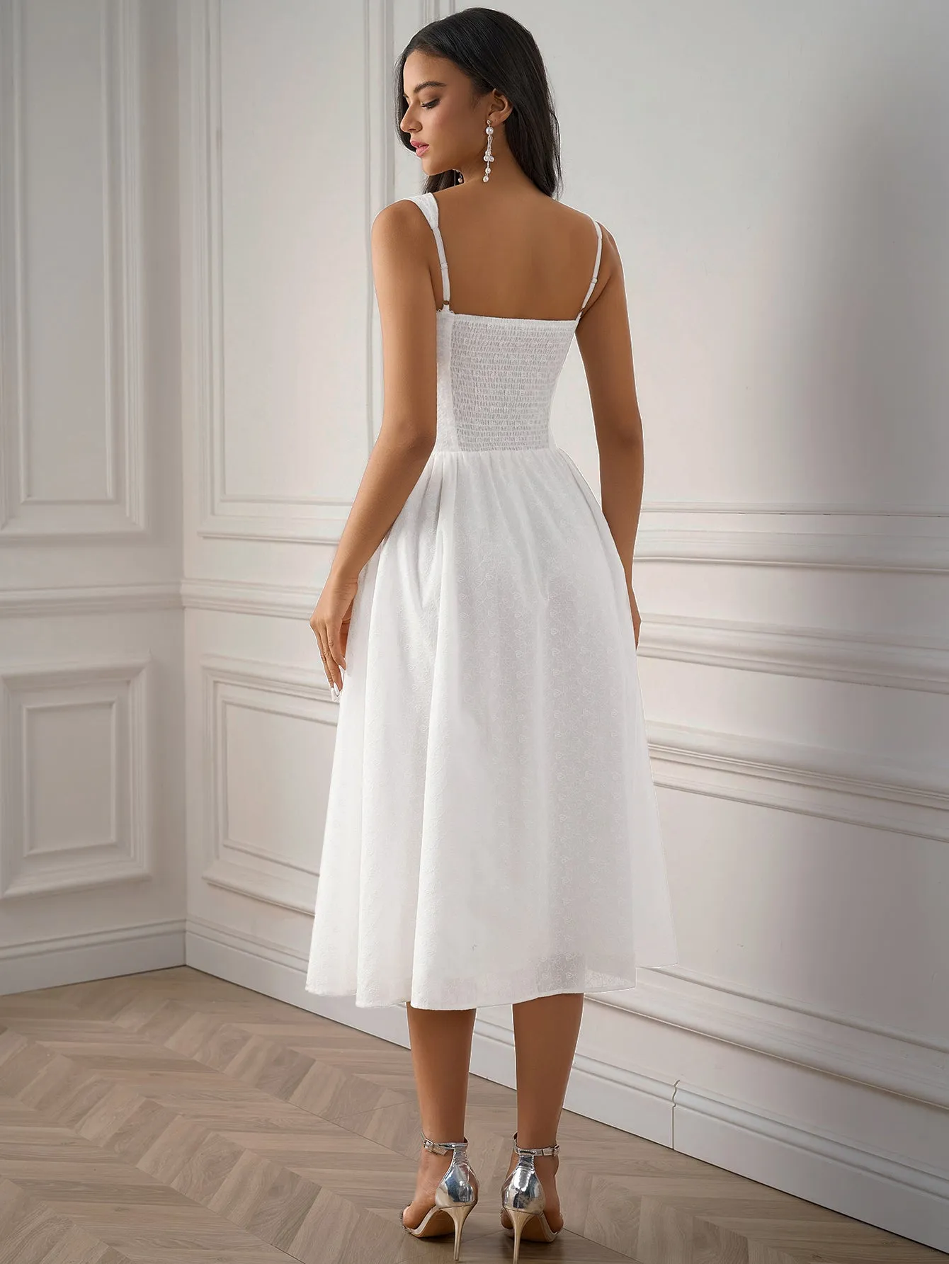 Jacquard Ruched Back Flared Solid Dress
