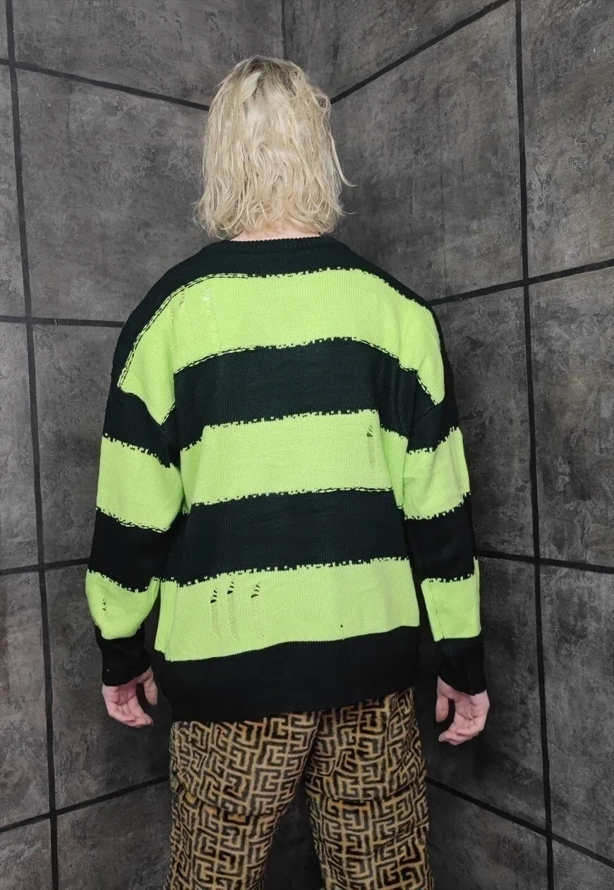 Punk stripe sweater distressed grunge jumper in green black